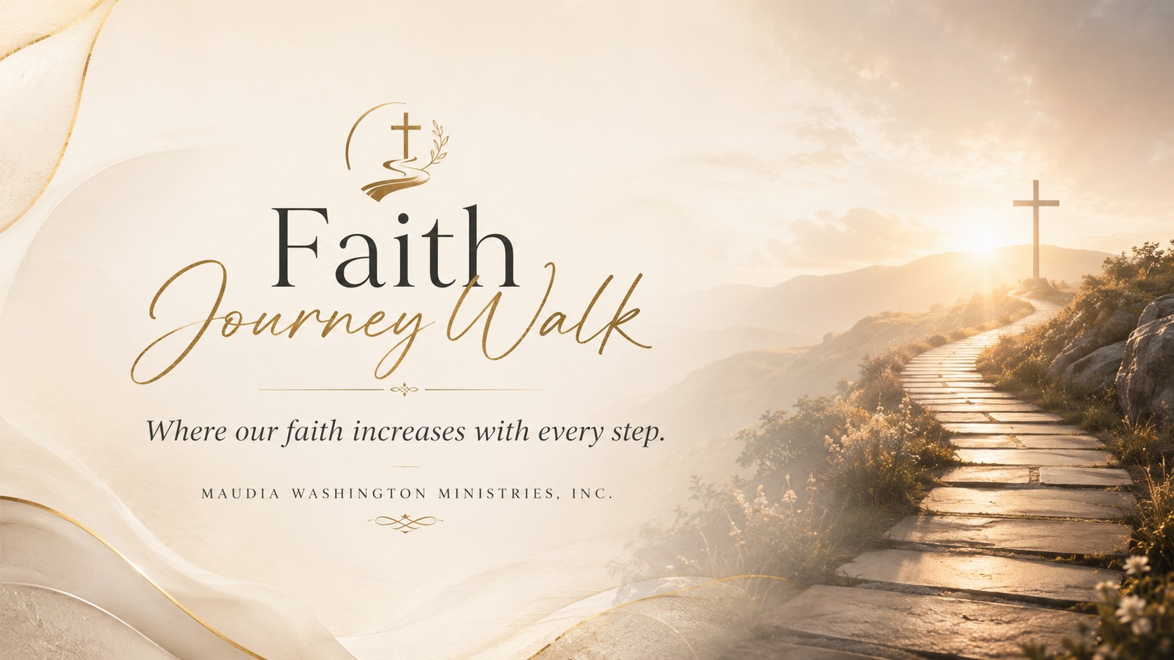 Faith Journey Walk graphic with a golden path leading toward a cross at sunrise.